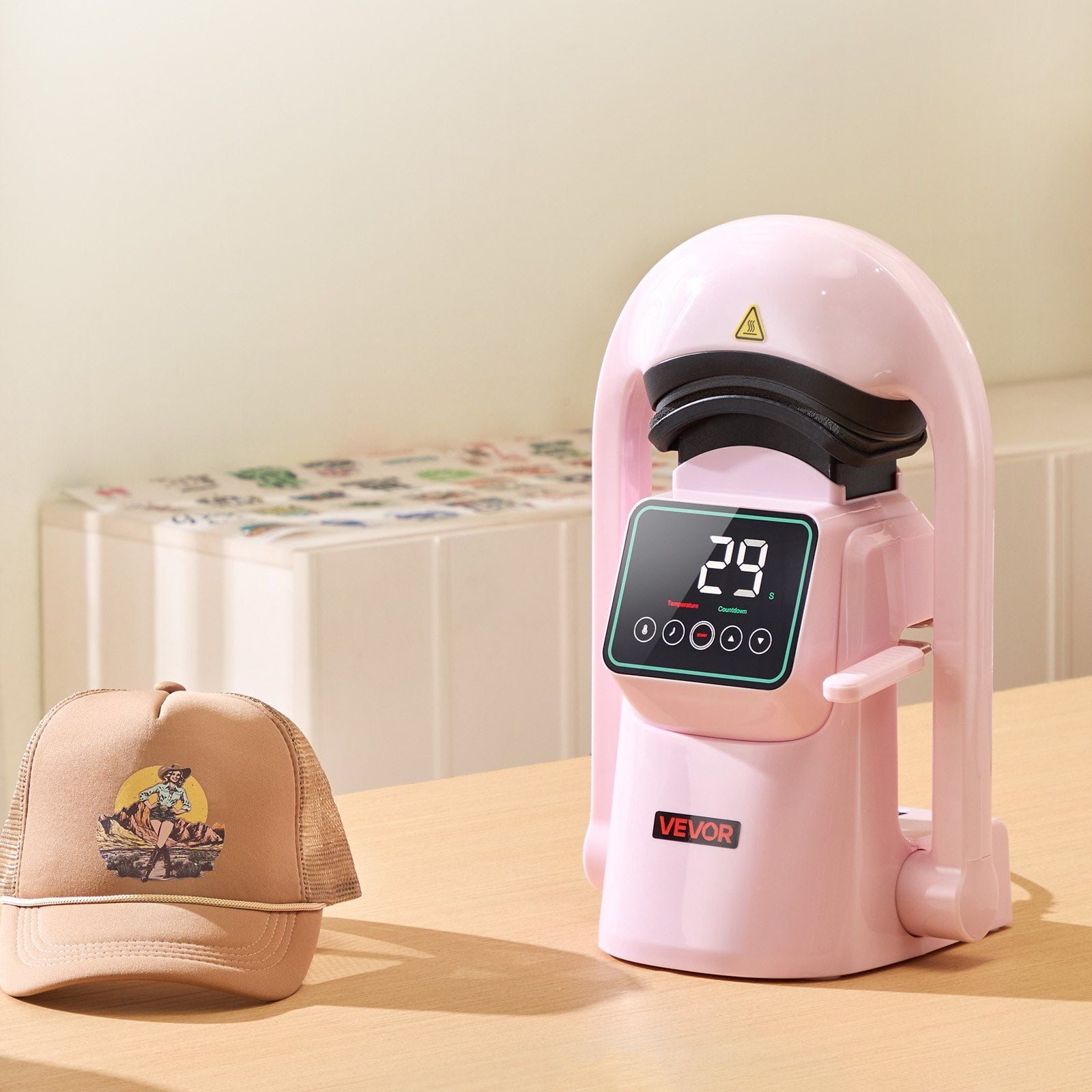 Auto Hat Heat Press Machine with 2 Interchangeable Platens Touchscreen Pink, One-Touch Automatic Press, Adjustable Temp and Time, Safety Auto-Off, Compact Portable Design for DIY and Small Business