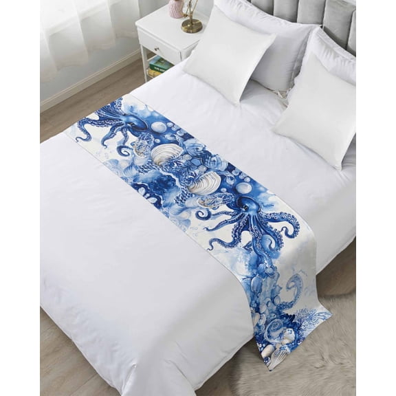 Bed Runner Scarf Queen Size, Blue Octopus Coastal Stain Bed Runners & Scarves for Foot of Beds, Nautical Summer Beach Shell Decorative Bedding Runner Scarf for Hotel Home Bedroom