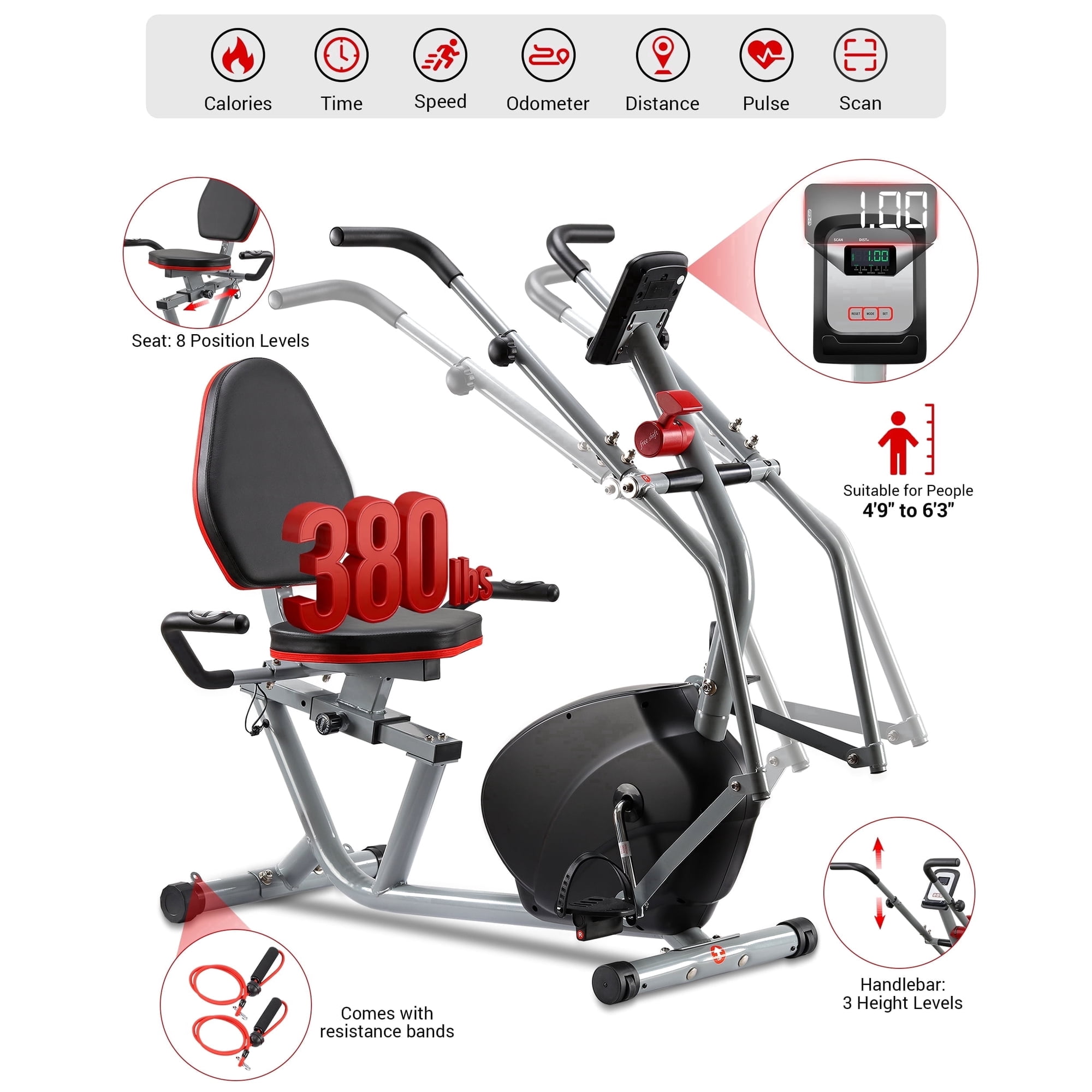 Recumbent Exercise Bike with Arm Exerciser for Home - Elliptical Recumbent Cross Trainer with Backlit Display, Pulse Sensor, 8-Level Magnetic Resistance, 380LBS Weight Capacity