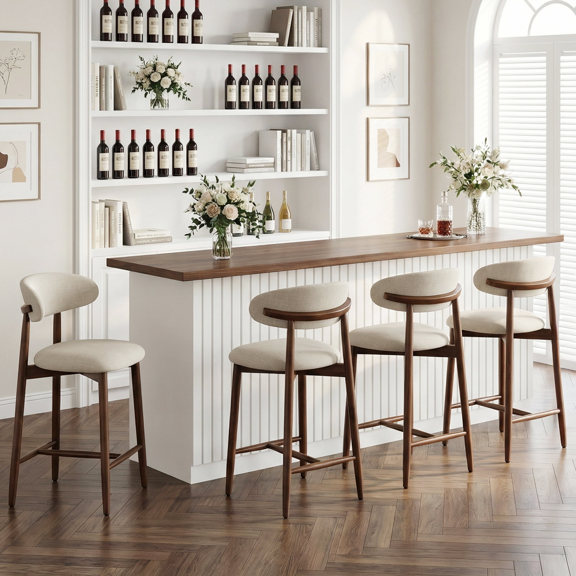 Mid Century Modern Kitchen Bar Stools Set of 2, Counter Height Stools with Curved Back and Wooden Frame,Upholstered Seat Beige