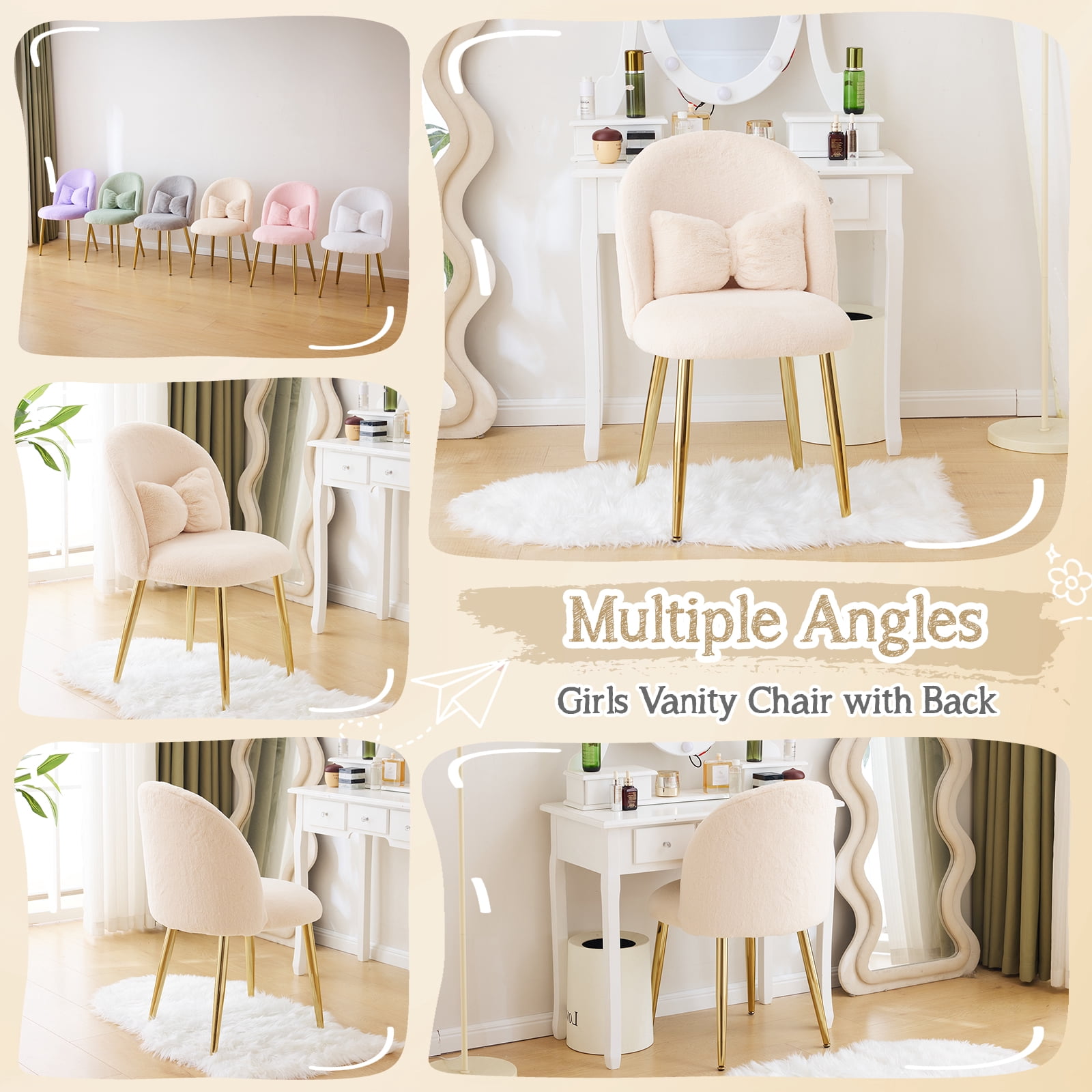 Ktaxon Vanity Makeup Chair Comfy Accent Chair Small Office Chair for Living Dining Room Bedroom Home Office Faux Rabbit Hair Light Khaki