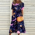 thumbnail image 3 of Women's Round Neck Halloween Patchwork Print Dress with Pockets Short Sleeve Loose Midi Dress Casual Fall Outfit for Daily Wear Purple S, 3 of 6