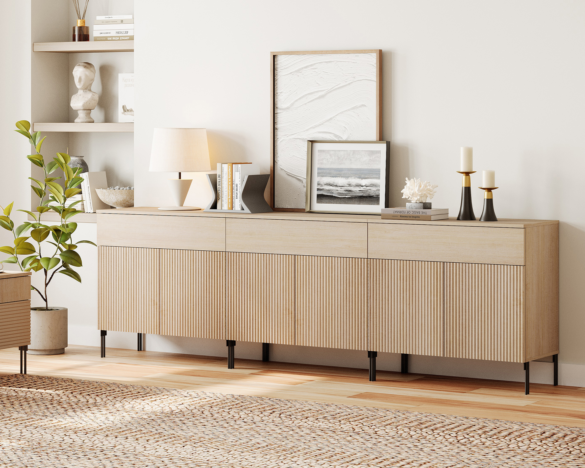 94.5" Reeded Accent Cabinet Set with 6 Doors and Drawers, Modern Credenza Storage Cabinet with Metal Legs for Living Room, Entryway, Hallway