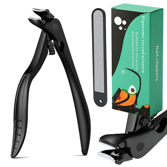 Ergonomic Curved Long Handle Nail Clippers - Pliers-Style Toenail Clippers, Easy Grip for Seniors and Thick Nails, Built-in Nail Catcher & Safety Switch (Black)