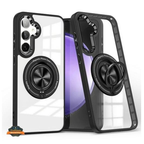 For Samsung Galaxy S24 5G Clear Transparent Back Hybrid with Rotate Ring Stand & MagSafe Compatible Shockproof Slim TPU PC Phone Case Cover by Xpression - Black