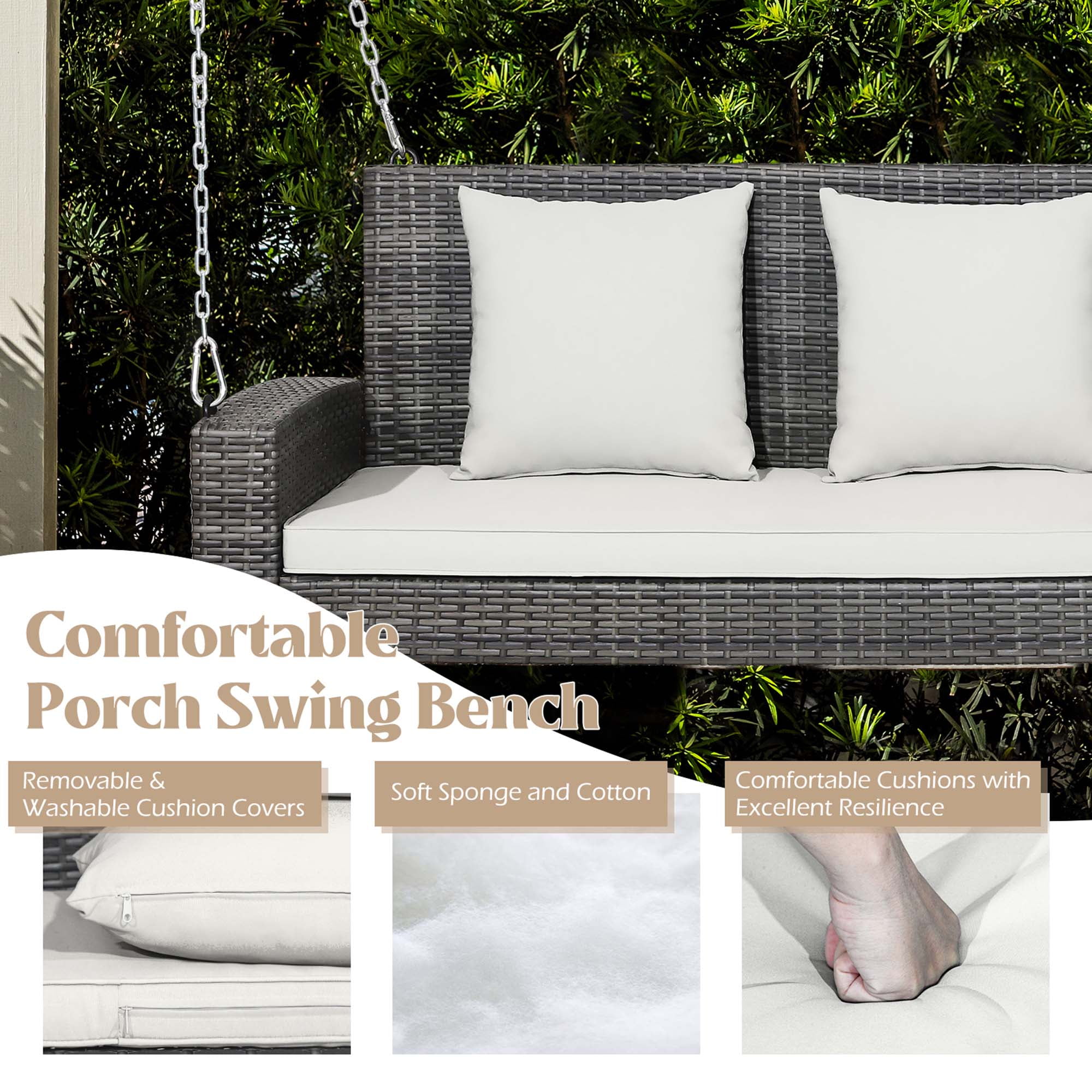 Gymax Fashion 2-Person Patio Hanging Porch Swing Rattan 800LBS Swing Bench w/ Off White Cushions