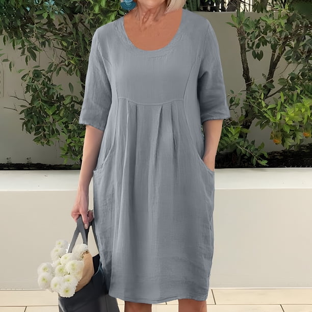 Puntoco Vestido Casual Suelto De Moda Para Mujer Vestido Recto De Color Sólido Con Bolsillo Y Cuello Redondo Vestido De Longitud Media Vestido De Cuello Redondo De Manga Corta Gris M