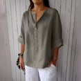 thumbnail image 2 of Linen Tops for Women Button Down V Neck 3/4 Sleeve Shirts Roll-Up Solid Casual Loose Fit Tunic Top Summer Seniors Blouses for Women Dressy, 2 of 5