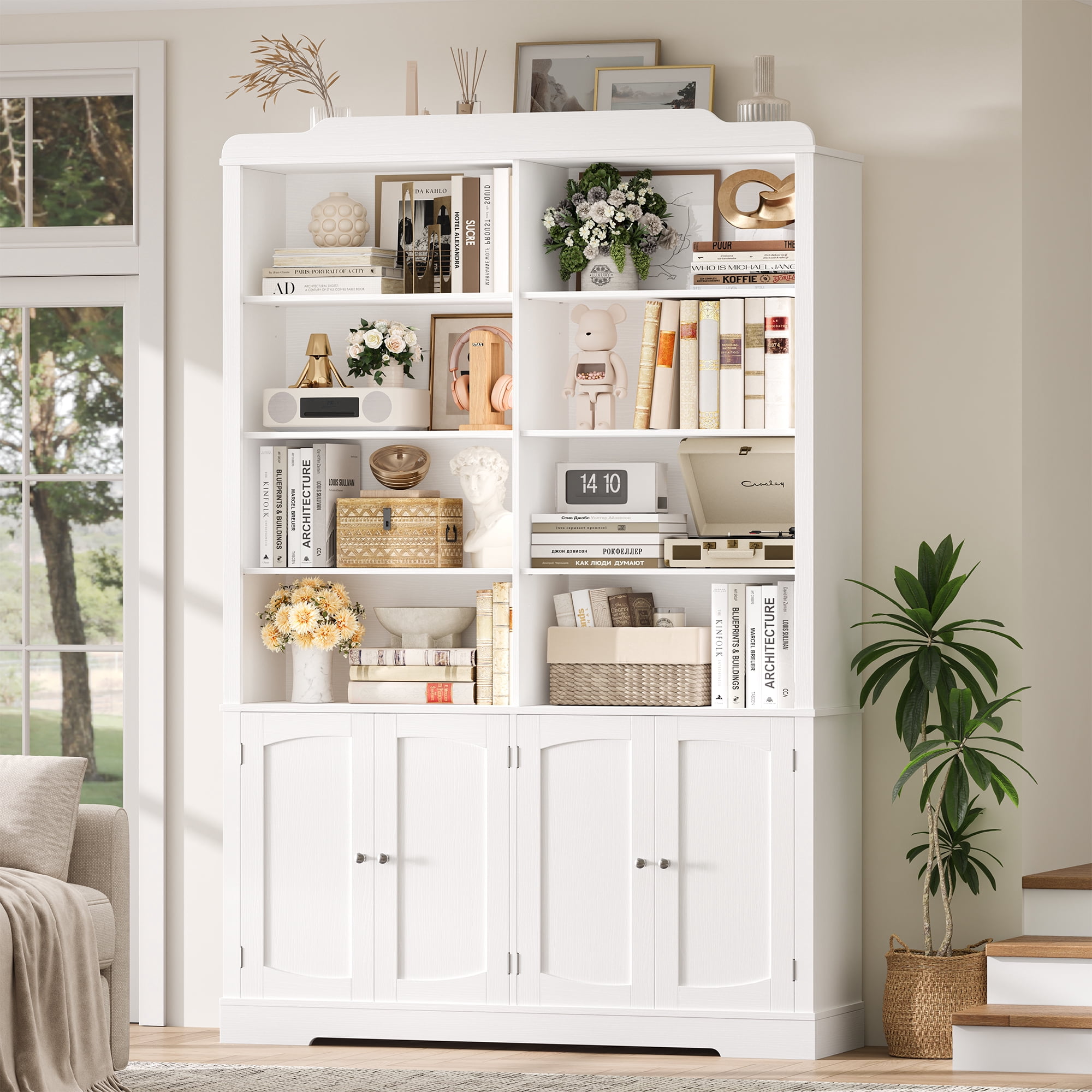 Homfa 73'' Tall Bookcase with 4 Doors, 6-Tier 8 Cubes Display Bookshelf, Double Row Bookcase with Adjustable Shelves for Living Room Home Office, White