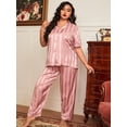 thumbnail image 1 of Plus Striped Jacquard Contrast Piping Satin Blouse & Pants PJ Set, 1 of 4