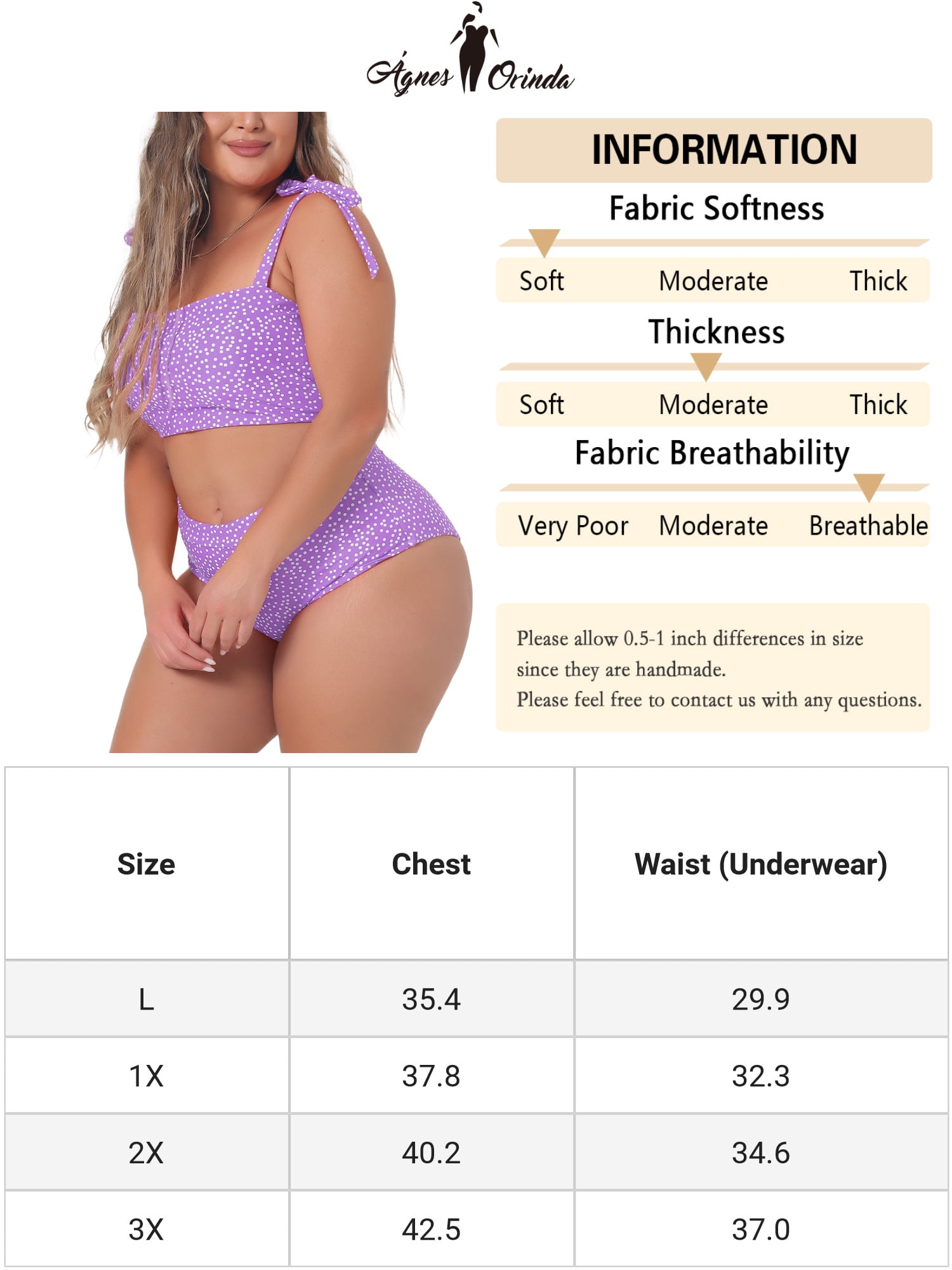 DARING DIVA Women's Plus 2pcs Polka Dots Bikini Bandeau Suits 3X Purple