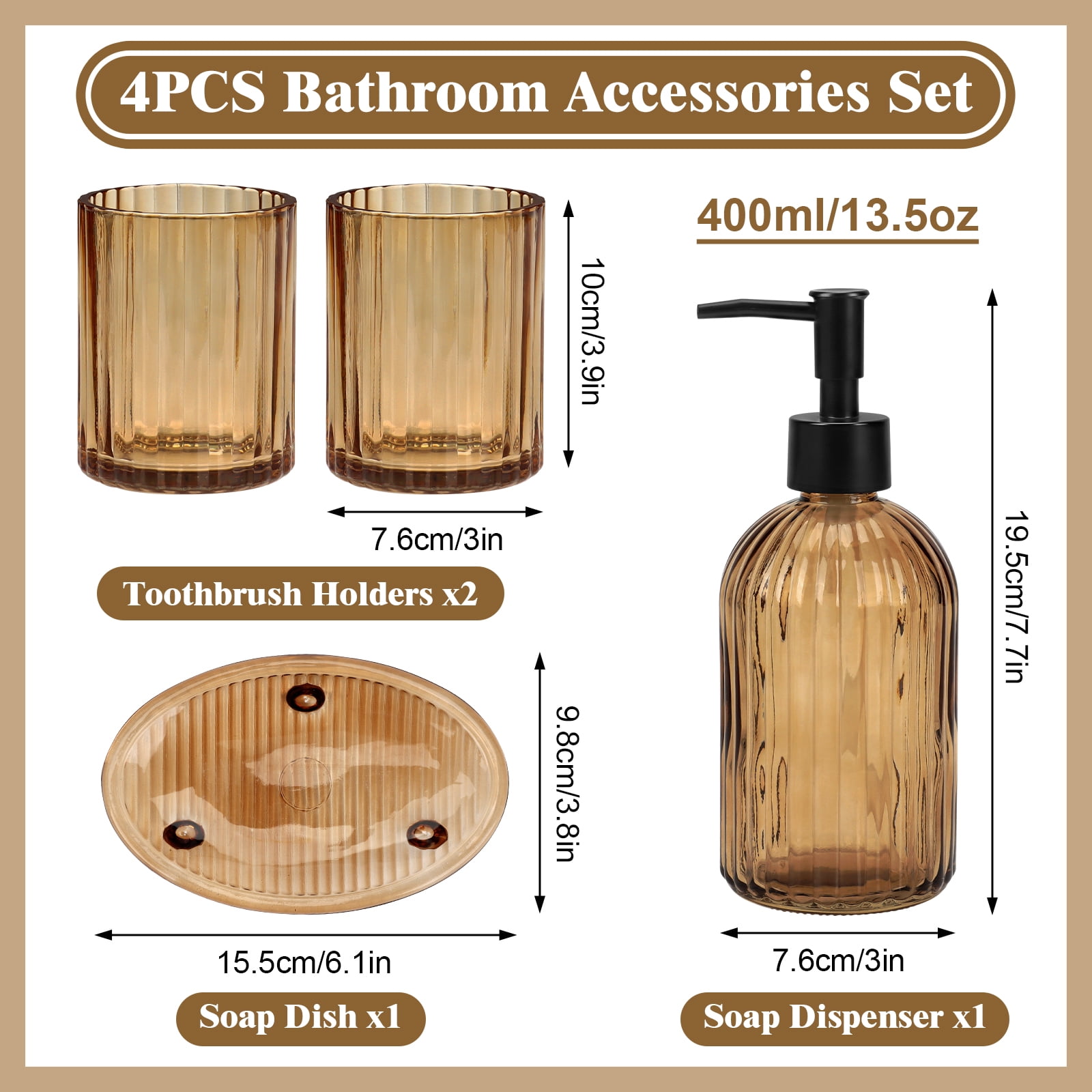 Bathroom Accessories Set, 4Pcs Bathroom Glass Soap Dispenser Set ,with Soap Dispenser , Soap Dish, Tumbler,Brown