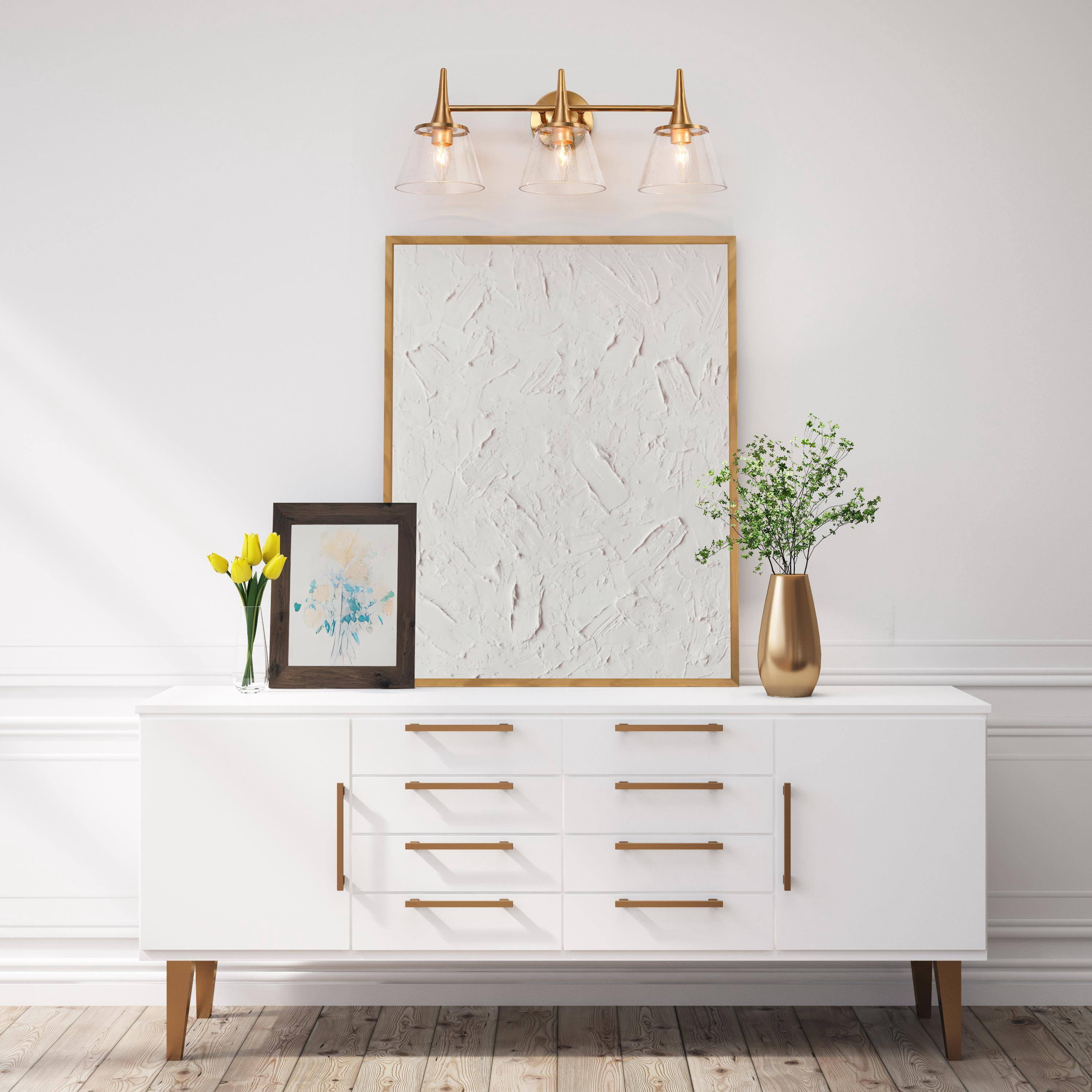 LNC Gold 3-Light Bathroom Vanity Light with Seeded Glass Conical Shades, Dimmable