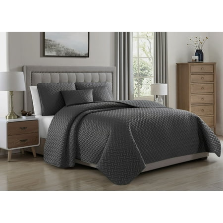 Cozy Soft Bedding Cozy Beddings Francesco Quilted Coverlet Set Soft Satin Lightweight Geometric Pattern | Charcoal Grey ()