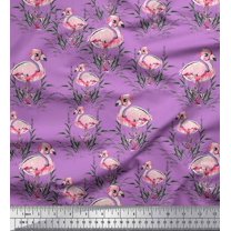 Soimoi Purple Viscose Chiffon Fabric Grass & Flamingo Bird Decor Fabric Printed Yard 42 Inch Wide