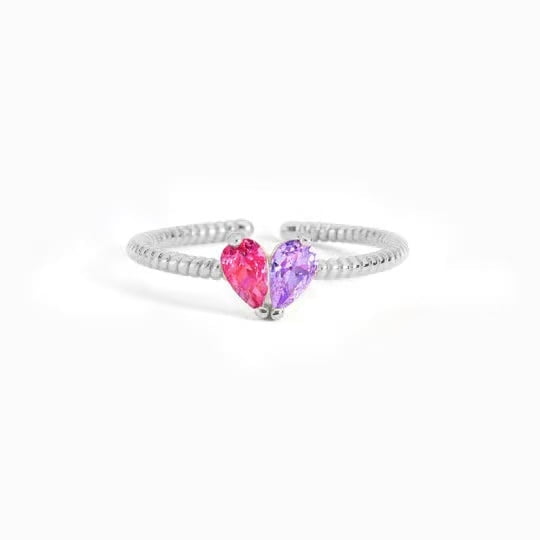 Pieced Heart Birthstone Adjustable Ring, Mothers Ring 2 Birthstones, Dainty Stacking Mother Rings Daughter Rings, for Mom Wife Grandma, Anniversary, Birthday Gift(silver)