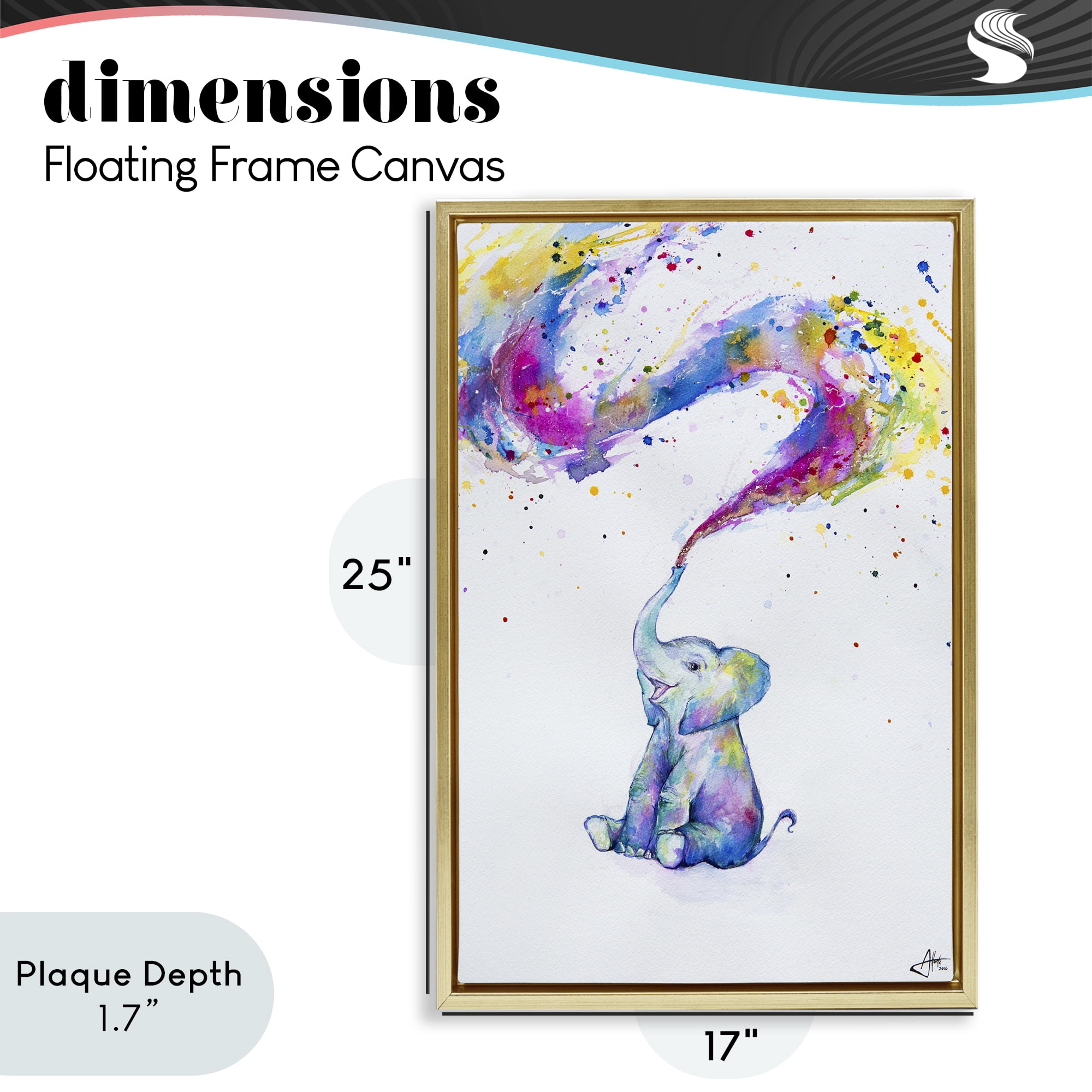 Stupell Industries Spring Elephant & Paint Splatter Gold Framed Floater Canvas Wall Art, design by Marc Allante