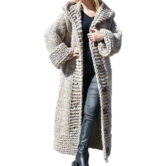 Grianlook Women Casual Hooded Knitted Sweaters Solid Color Cable Knit Outwear Long Sleeve Cardigan Loungewear Gray -white 2XL