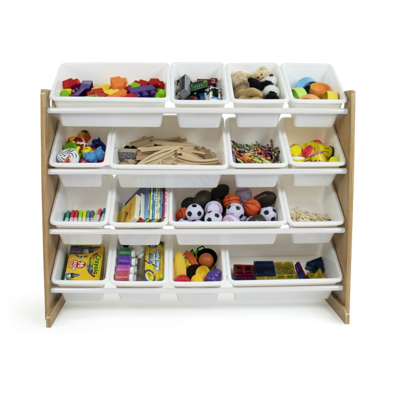 Humble Crew Kids Natural Wood Toy Storage Organizer with 16 White Plastic  Storage Bins 