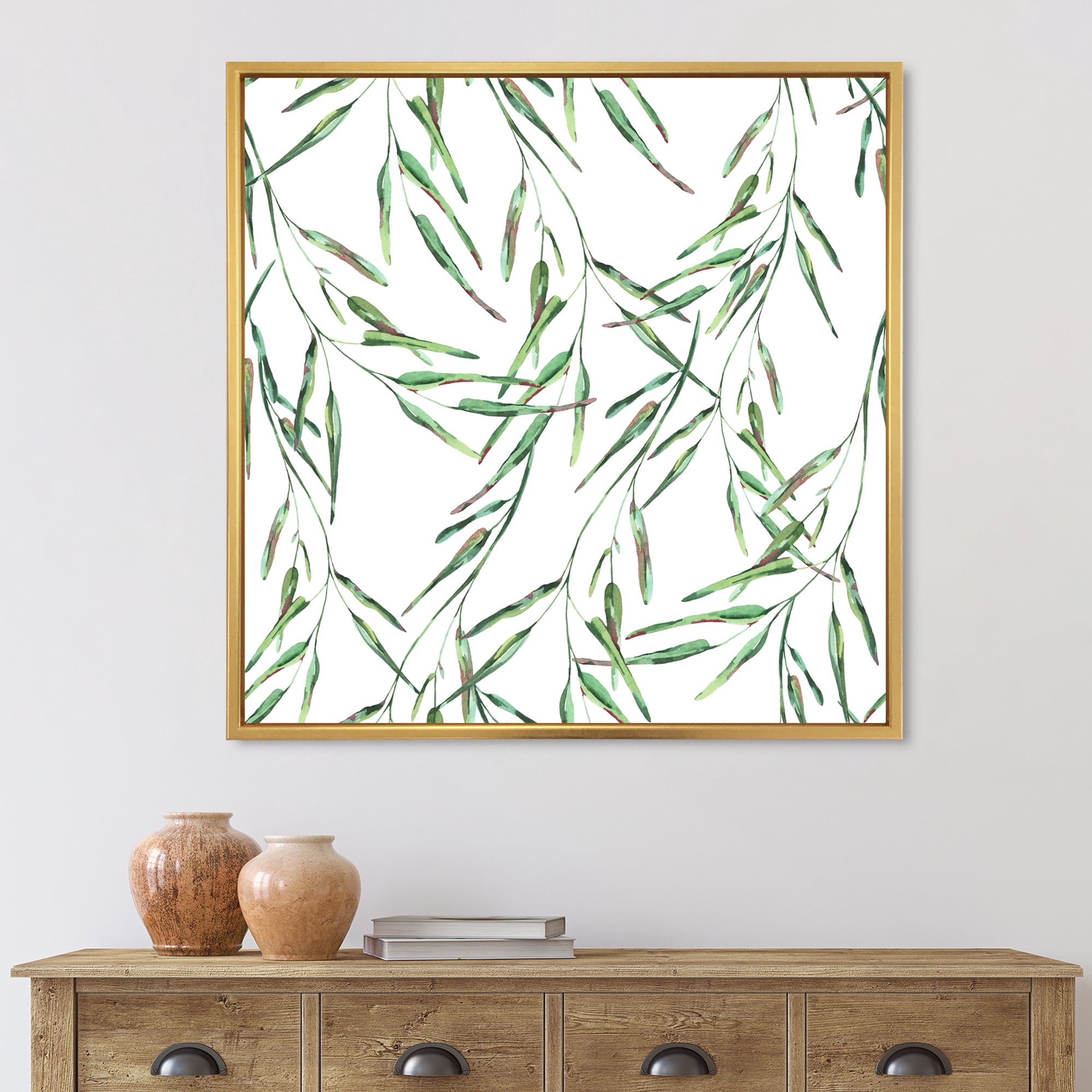 Designart 'Tropical Green Leaves On White In Summer Times II' Tropical Framed Canvas Wall Art Print