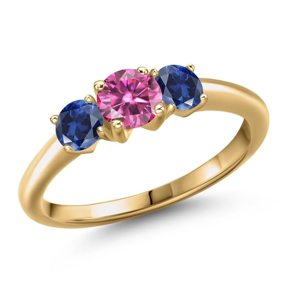 Gem Stone King 18K Yellow Gold Plated Silver Pink Moissanite and Blue Created Sapphire Engagement Ring for Women | 1.00 Cttw | Round 5MM | Gemstone Birthstone | Size 6