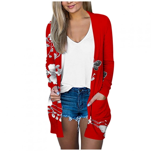 Cardigans Longs pour Femmes Légers, Cardigan d'Été à devant Ouvert à Manches Longues, Manteau Décontracté à Imprimé Floral avec Poches Rouge m