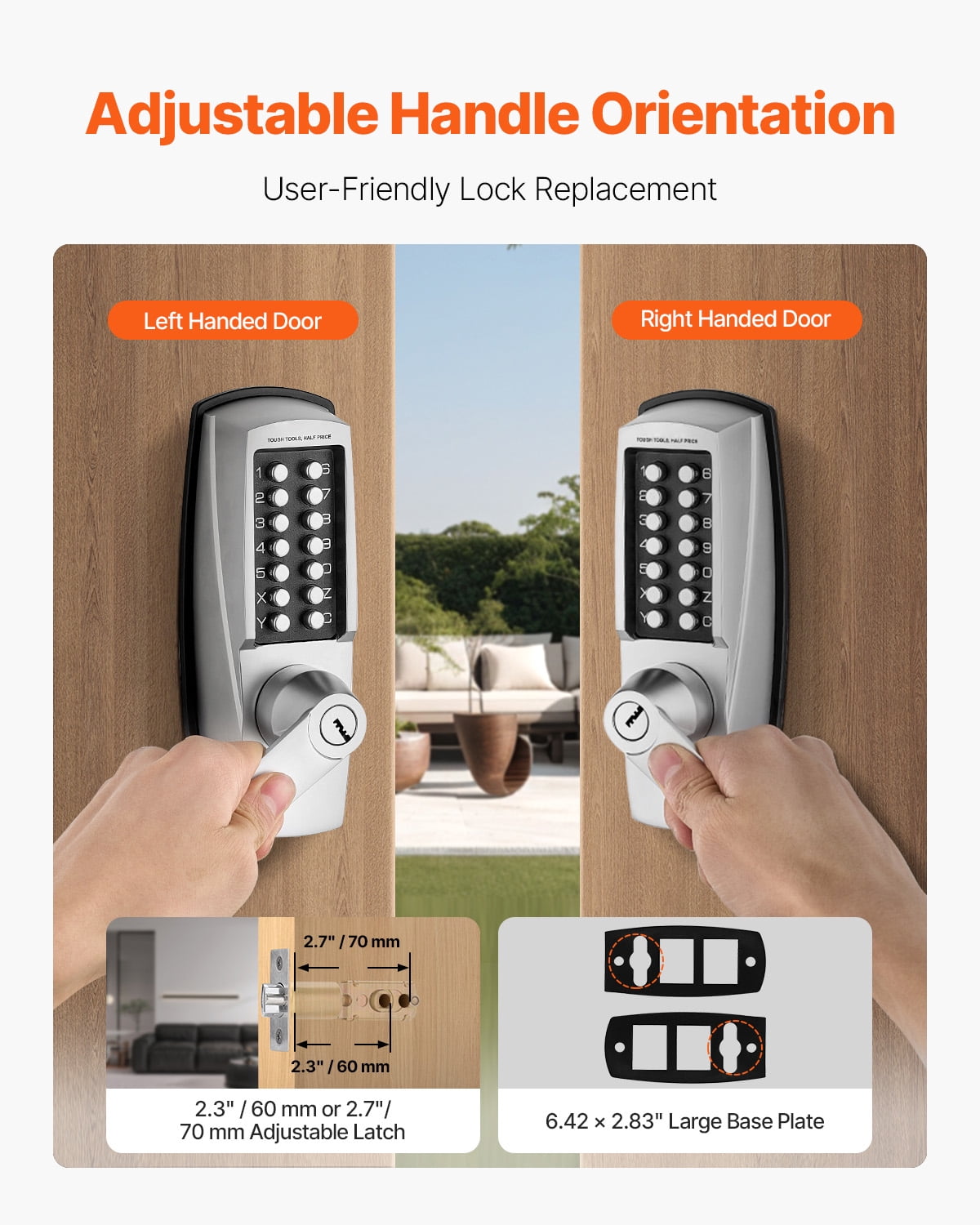 KFFKFF Non-Electronic Secure Entry Door Lock, 14-Key Mechanical Lockset with Key Option, Manual Keyless Door Lock with Handle, Durable Stainless Steel Weather-Resistant Lock for Home Office