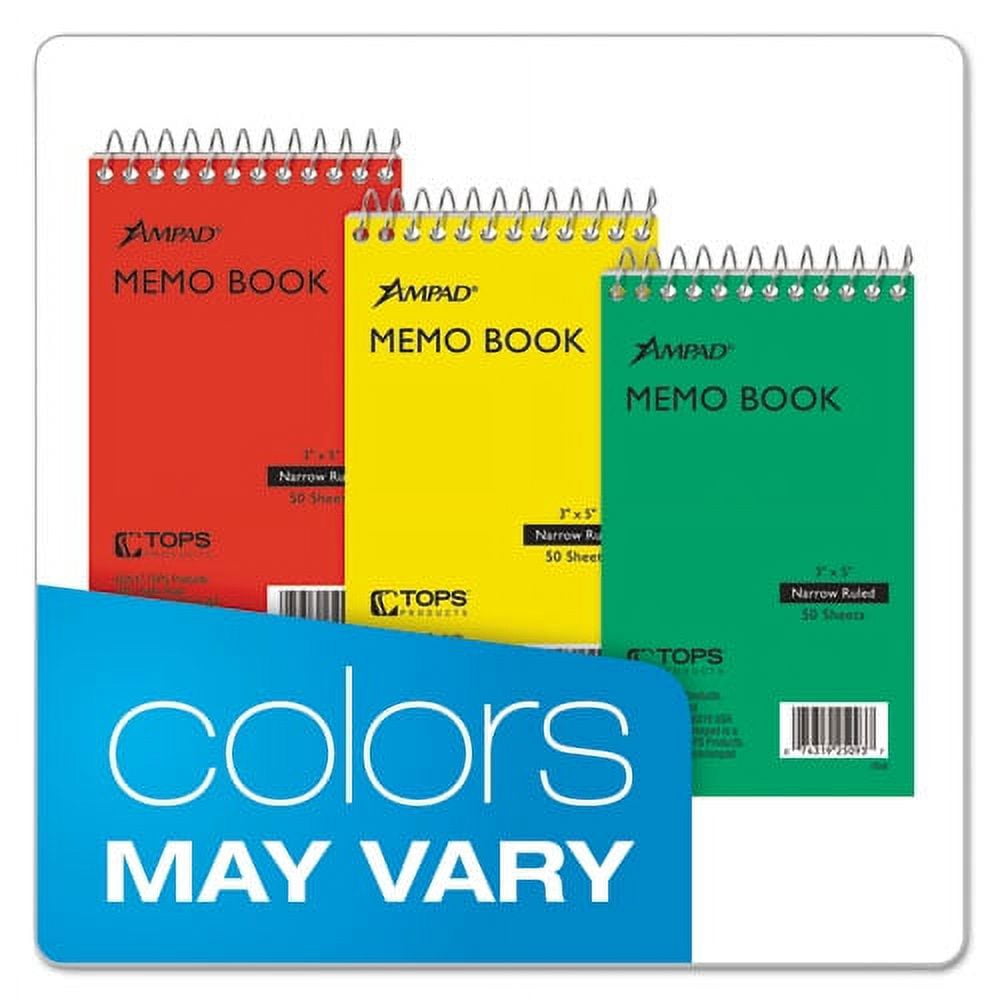 "Memo Pads, Narrow Rule, Randomly Assorted Cover Colors, 50 White 3 X 5 Sheets | Bundle of 5 Each"
