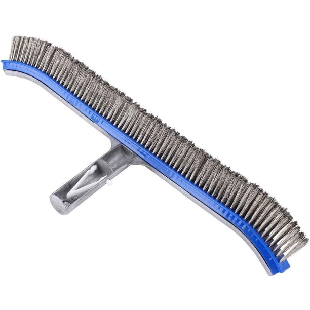 Cabezal de cepillo para piscina de alta resistencia, cerdas de acero inoxidable para limpieza multiusos, parte posterior de aluminio reforzada, seguro para revestimientos de piscinas, mango en ángulo