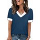 thumbnail image 2 of Mujeres Tops Casual Color Bloque Manga Corta V Cuello Blusa Moda Verano Primavera Respirable, 2 of 9