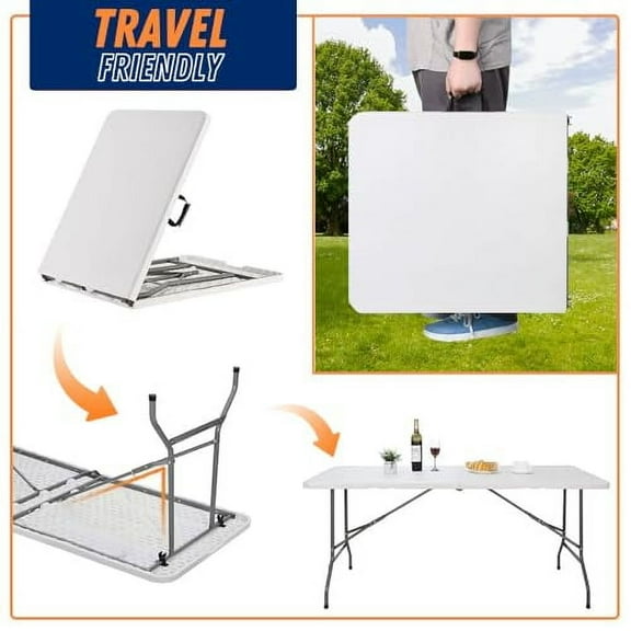 8FT Folding Table Indoor Outdoor Heavy Duty Portable Folding Plastic Dining Table w/Handle, Lock for Picnic, Party, Camping - White (4ft, 6ft, 8ft) (8ft)