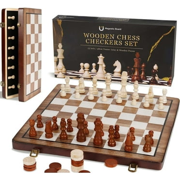 2 in 1 Magnetic Chess Set & Checkers Board Game, 15" Wooden Folding Chess Board with 2 Extra Queens, Portable Travel Chess Set, Beginner Chess Board Game for Adults & Kids