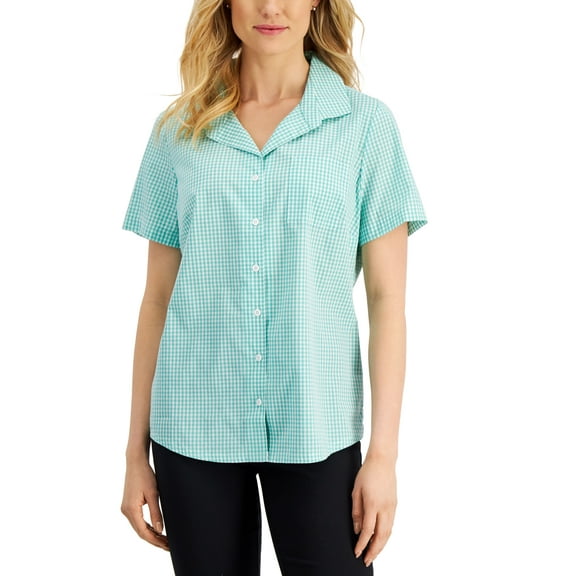 Karen Scott Petite Gingham Woven Shirt Coastline Teal PL