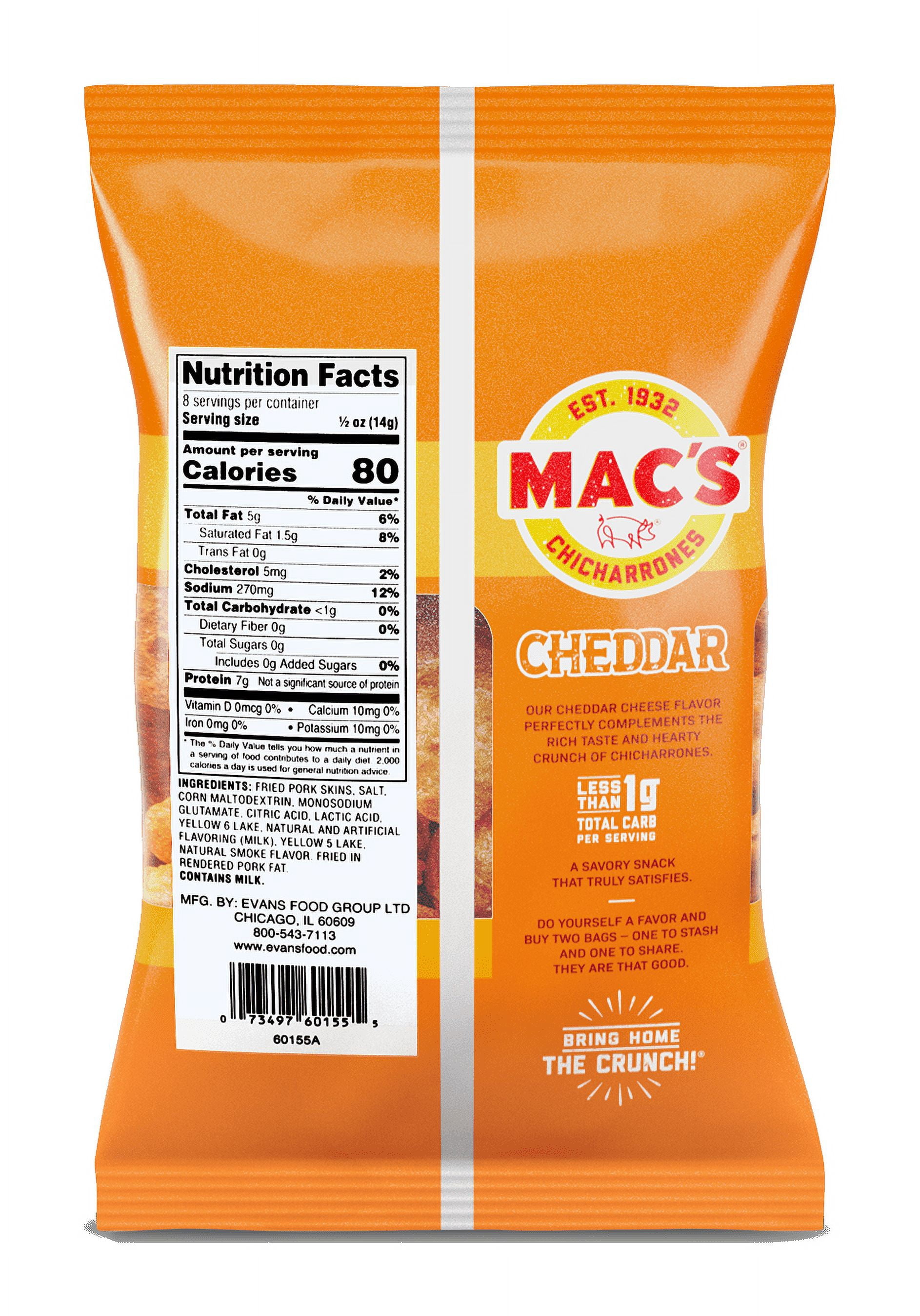(5 pack) Mac's Chicharrones Cheddar Flavored Pork Rinds, Pork Skins, 4 oz Bag