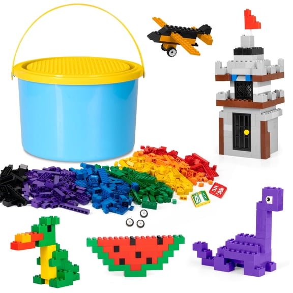 Play Platoon 1100 Pieces Building Bricks Set - 10 Classic Color Blocks - Bulk Building Blocks Compatible with Major Brands, 14 Different Shape Bricks - Includes Wheels, Tires, Axles, Windows & Door