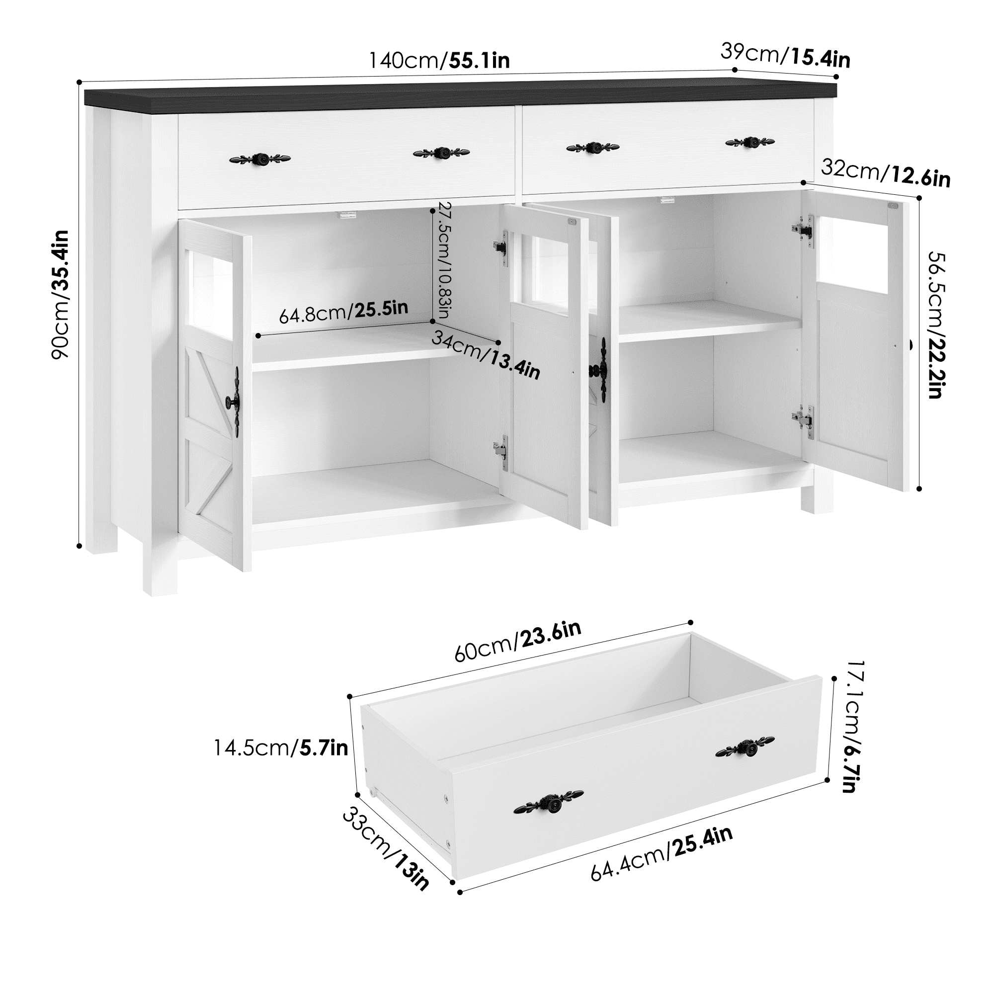 Homfa 55.1" Farmhouse Buffet Cabinet with Storage Drawer & Adjustable shelf, Kitchen Storage Cabinet with 4 Glass Door, Large Wood Sideboard Credenza for Dining Room, White & Black