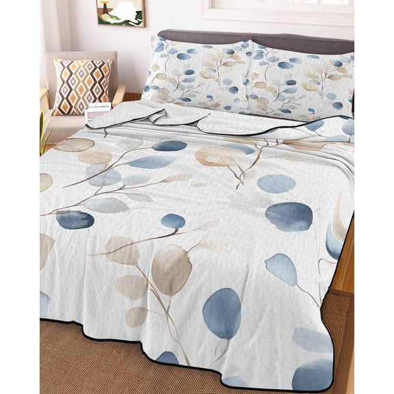 Blue Brown Botanical Queen Size Down Alternative Comforter, Lightweight Comforter Quilt Bedding Set with Pillow Shams Summer Leaves Watercolor Elegant All Seasons Bed Comforter Duvet Insert 90"x96"
