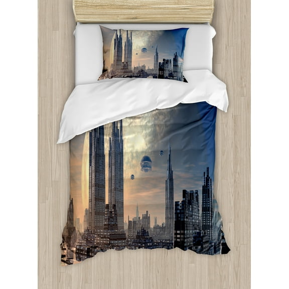 Ambesonne City Duvet Cover Set, Spacecraft in Formation, Twin, Peach Tan Blue