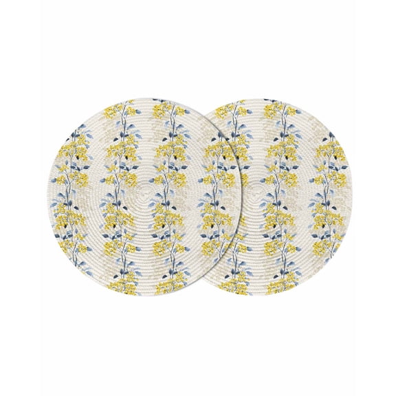 Yellow Fruit Round 15 Inch Placemats Set of 2, Vintage Country Leaves Berries Blue Plants HeatResistant Non Slip Place Mats for Dining Table, Wipeable Braided Kitchen Table Mats for Housewarming