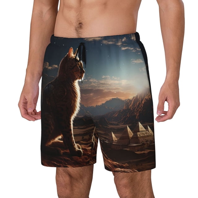 Balery Pyramid Desert Cat Bañador para hombre, shorts de playa de secado rápido con entrepierna y forro de compresión-X-Large