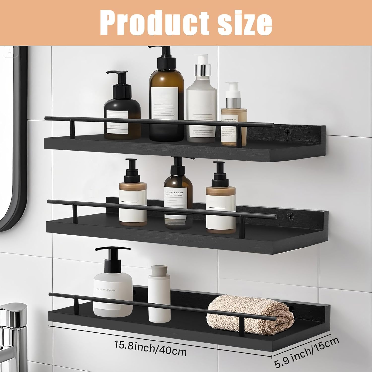 Floating Shelves Wall Mounted Set of 3, Black Wood Storage Shelf, Bathroom Wall Shelves Over Toilet, Floating Shelf for Bathroom Living Room Bedroom Kitchen Office
