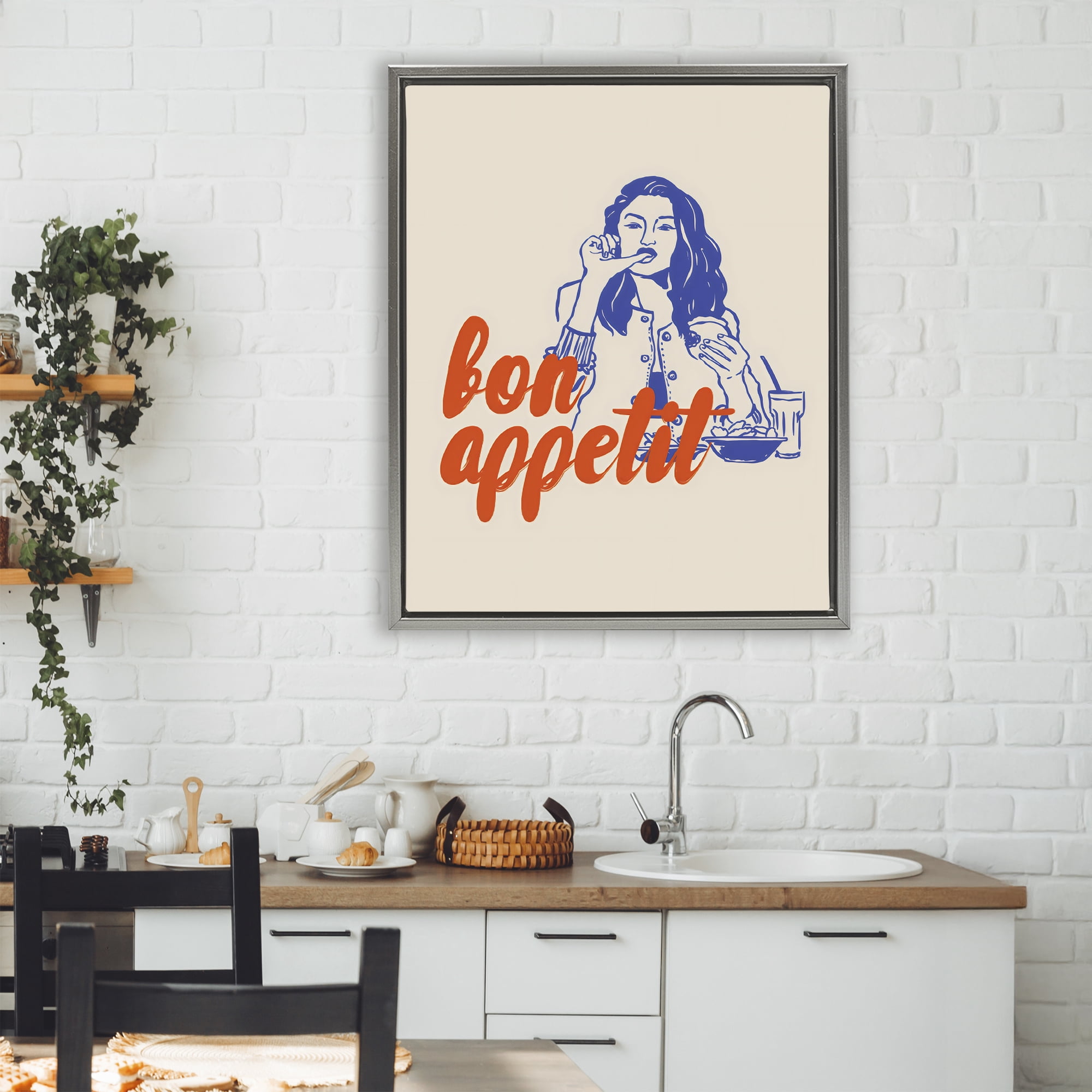 Stupell Industries Bon Appetit Woman Enjoying Meal Gray Framed Floater Canvas Wall Art, design by The Prints Vibe