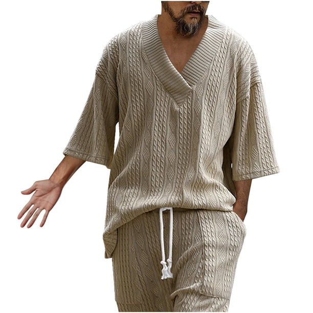 Camisas de Manga Corta de los Hombres con Cuello en V Set de Blusa, Poliéster Ligero para el Hogar, Diario Y Próximo Verano de Primavera