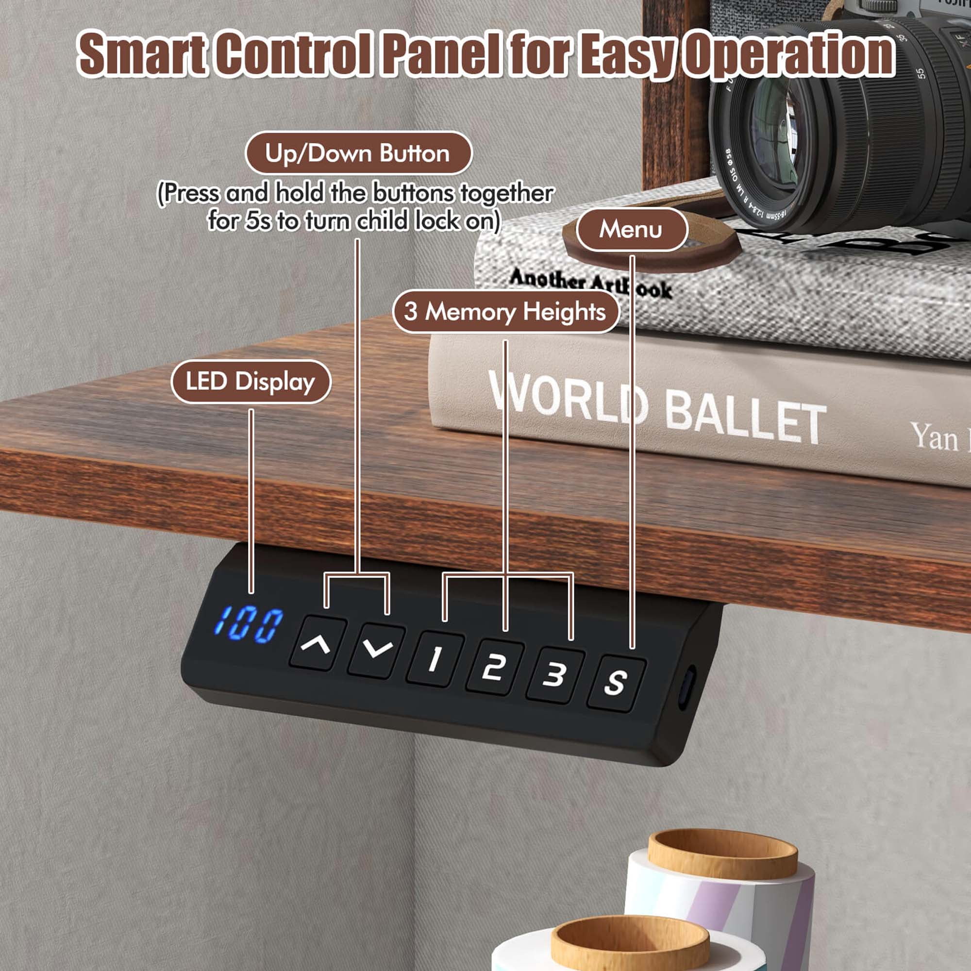 Costway 63" x 24" Electric Standing Desk with 2 Drawers Monitor Stand Storage Shelf Brown