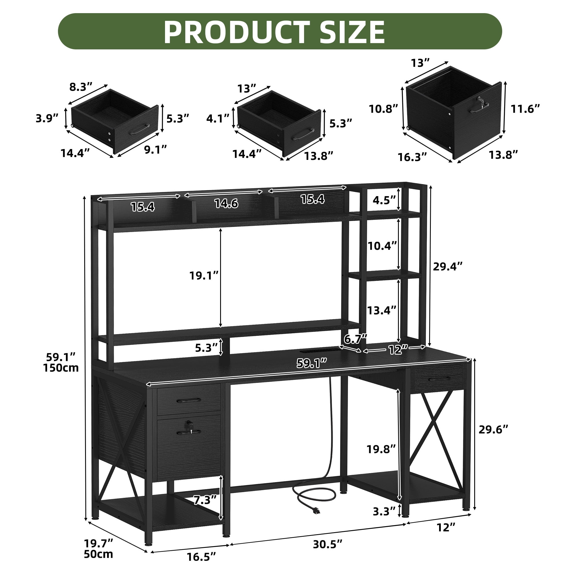 Uforic 59.1"Computer Desk with Power Outlets & Hutch, Office Desk with Storage Shelves & Drawers, Black