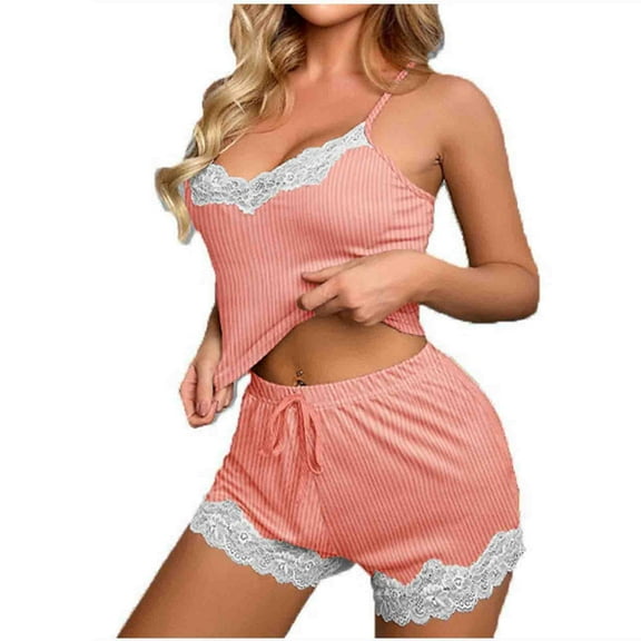 Fewfanhot Women's Lace Trim Ribbed Cami Top Shorts Pajama 2 Piece Set Elegant Feminine Soft Lightweight Casual Daily Loungewear Sleepwear Set for Women