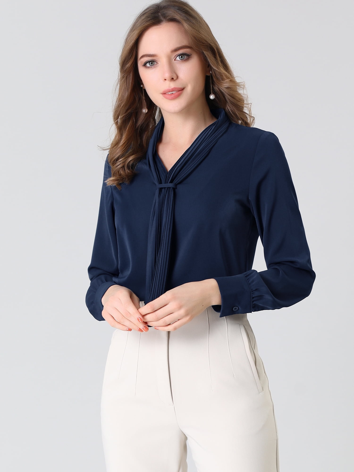 DARING DIVA Tie-Neck Long Sleeve Pleated Tops Shirt 3XL Navy Blue