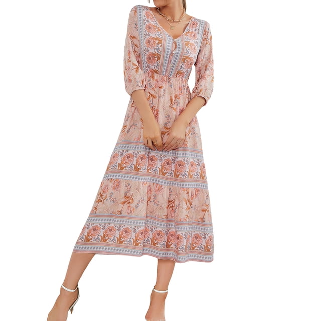 VISgogo Vestido bohemio casual para mujer, vestido midi con cuello en V y estampado floral de vacaciones VISgogo moda