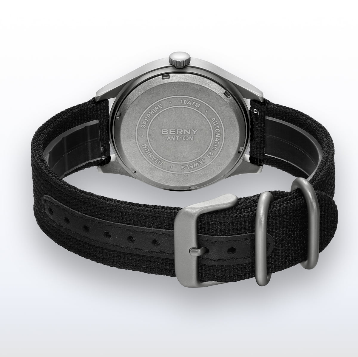 BERNY Automatic Watches for Men Military Sport Nylon Strap Titanium Field Watch with Date Sapphire Crystal Luminous Analog Mechanical Watch 100M Waterproof Army Tactical Casual Wristwatch (Black)