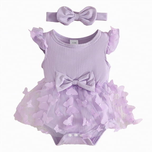 ZHANGDER Infant Baby Girl Clothes Infant Summer Outfits Set Floral Girl Clothes with Headband Cute Baby Clothes Girl, Light Purple 0-3 Months